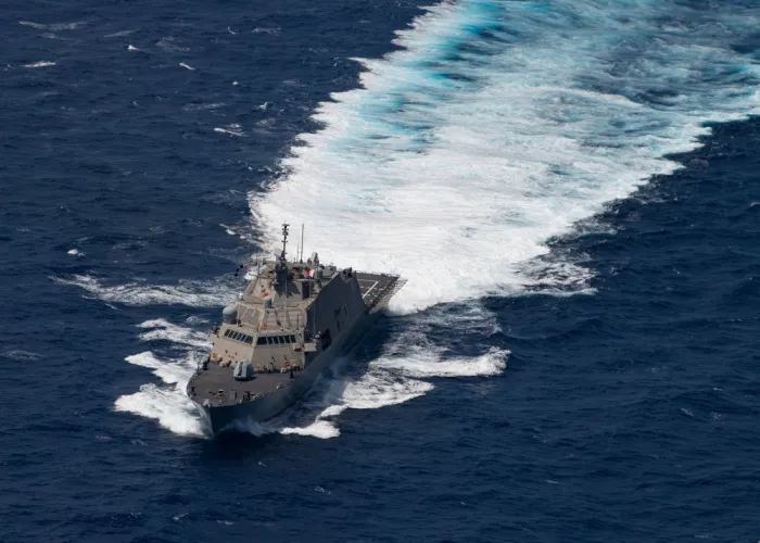 200216-N-RL695-2126 CARIBBEAN SEA (February 16, 2020) The Freedom-class littoral combat ship USS Little Rock (LCS 9) underway in the Caribbean Sea. The USS Little Rock is deployed to the U.S. Southern Command area of responsibility in support of Joint Interagency Task Force South (JIATF-S) Campaign MARTILLO targeting counter illicit drug operations. (U.S. Navy photo by Mass Communication Specialist 3rd Class Marianne Guemo/Released)