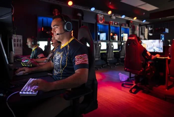 Photo By Petty Officer 1st Class Chris Williamson | 210629-N-JH293-1370 OVERLAND PARK, Kan. (June 29, 2021) The U.S. Navy esports team, Goats &amp; Glory, plays Valorant against Navy Talent Acquisition Group Mid America Future Sailors at an esports event during Kansas City Navy Week, June 29, 2021. Kansas City Navy Week is the first in-person Navy Week since the beginning of the COVID-19 pandemic, bringing Sailors from different Navy units across the U.S. to conduct focused outreach with members of the comm