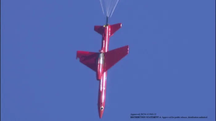 Target Drone in Recovery Parachute Following High Energy Laser Engagement (Photo courtesy of Lockheed Martin)