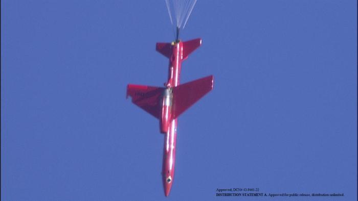 Target Drone in Recovery Parachute Following High Energy Laser Engagement (Photo courtesy of Lockheed Martin)