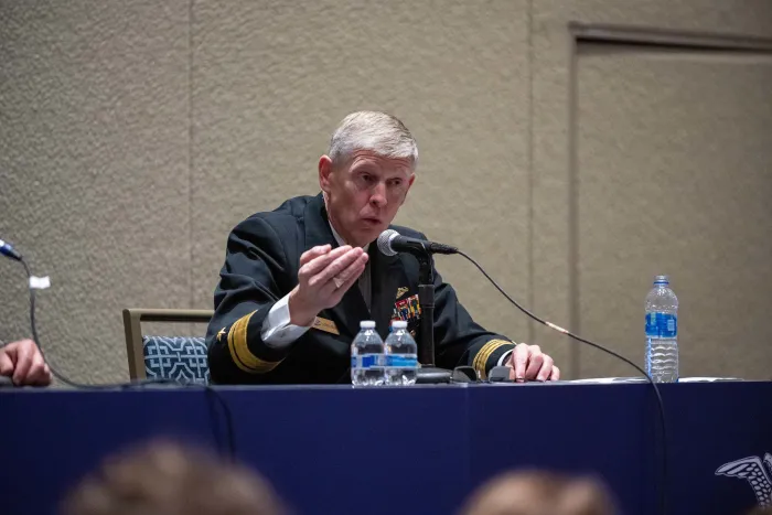 Chief of Naval Research (CNR) Rear Adm. Lorin C. Selby addresses attendees at the Future of Naval Innovation panel during the Navy League’s Sea-Air-Space Exposition.