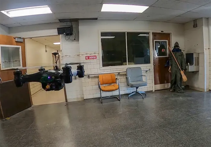 A drone performs a task during the Artificial Intelligence for Small Unit Maneuvers (AISUM) Prize Challenge.