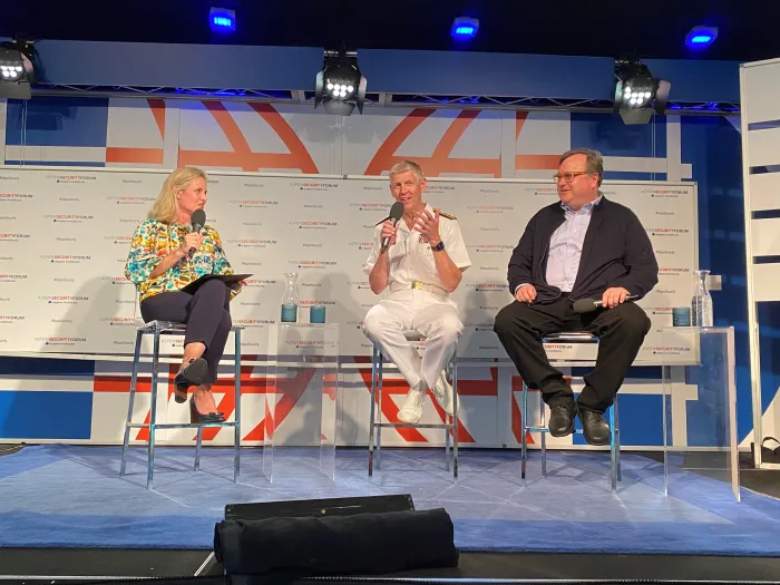 Mary Louise Kelly, co-host of NPR’s All Things Considered; Rear Adm. Lorin Selby, chief of naval research; and Reid Hoffman, co-founder of LinkedIn and currently a partner in the venture capital firm Greylock Partners, discuss military innovation at the Aspen Security Forum in Colorado on July 20, 2022. (U.S. Navy photo by Lt. Matt Metzdorff)