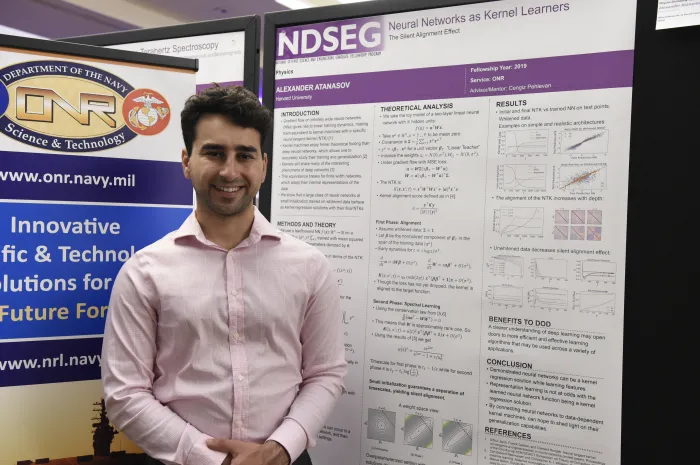 Alexander Atanasov, graduate student in the physics department at Harvard University presents his on neural networks at the 2022 DoD National NDSEG Fellows Conference. Atansov was one the NDSEG Fellows sponsored by the Office of Naval Research. (U.S. Navy photo by Eric Anderson)