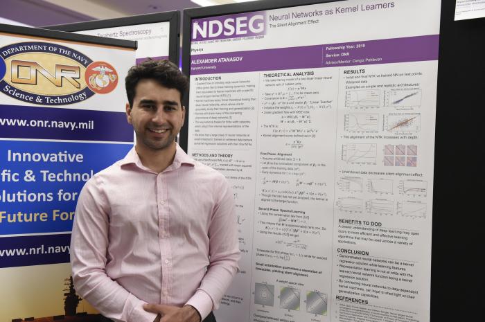 Alexander Atanasov, graduate student in the physics department at Harvard University presents his on neural networks at the 2022 DoD National NDSEG Fellows Conference. Atansov was one the NDSEG Fellows sponsored by the Office of Naval Research. (U.S. Navy photo by Eric Anderson)