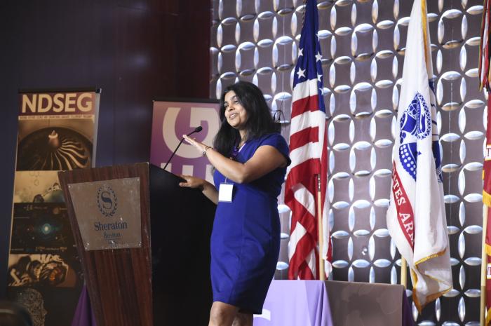 Dr. Bindu Nair, director of Basic Research for the Office of the Secretary of Defense, gives closing remarks at the 2022 DoD National NDSEG Fellows Conference. Atansov (U.S. Navy photo by Eric Anderson)