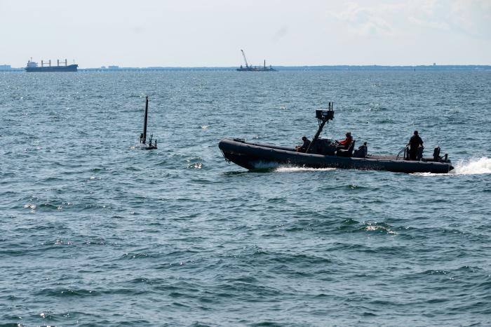 Vessels participate in an ONR SCOUT-sponsored experimentation event off the coast of Virginia Beach, Virginia. The purpose of the event was to increase the range and detection of various unmanned surface vessels. (Photo: ONR SCOUT team)