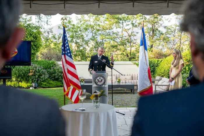 Chief of Naval Research Rear Adm. Lorin Selby (center) speaks at a special commemorative event at the official residence of U.S. Ambassador to Chile Bernadette Meehan (right). The event celebrated the 20th anniversary of the Office of Naval Research (ONR) Global’s office in Santiago, Chile. ONR Global is ONR’s international arm. (U.S. Navy photo by Michael Walls)