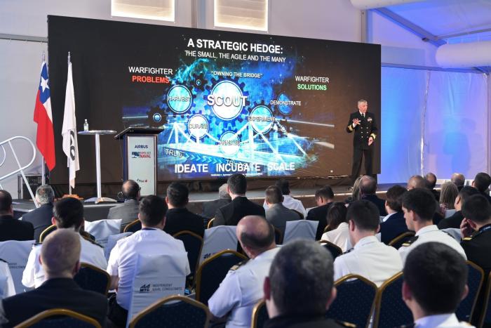 Chief of Naval Research Rear Adm. Lorin Selby gives a keynote address during the recent ExpoNaval 2022 in Valparaiso, Chile. Selby spoke about the importance of increasing and strengthening collaboration with the Chilean navy and scientific community. (U.S. Navy photo by Michael Walls)