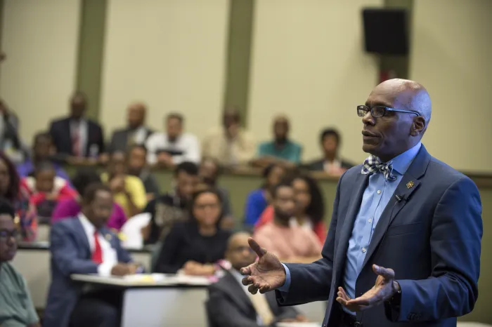  BATON ROUGE, La. (Feb. 2, 2017) Anthony C. Smith Sr., director of the Department of the Navy's (DoN) Historically Black Colleges and Universities/Minority Institutions (HBCU/MI) program, talks to students during a visit to Southern University and A&M College. The DoN HBCU/MI program is designed to increase participation of HBCU/MIs in the Navy's research, development, test and evaluation programs and ensure faculty and students are aware of internships, scholarships and other funding opportunities through 