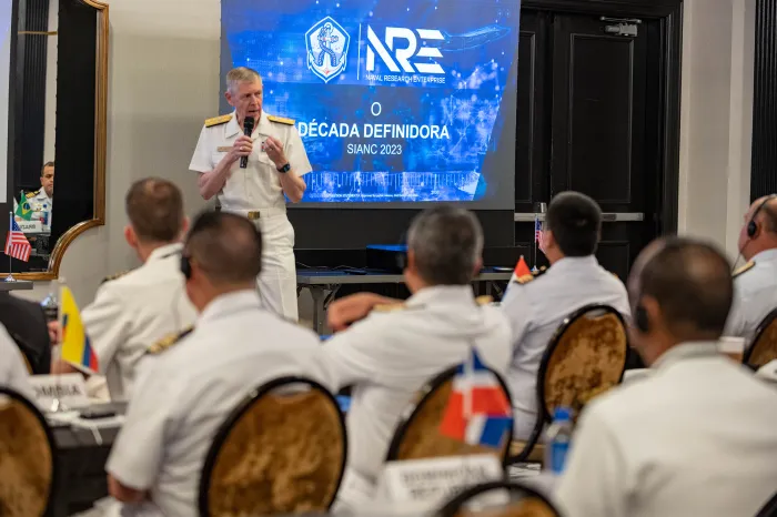Chief of Naval Research Rear Adm. Lorin Selby addresses attendees at the recent Specialized Inter-American Naval Conference on Science, Technology and Innovation (SIANC-ST&I) in Orlando, Florida. (U.S. Navy photo by Michael Walls)