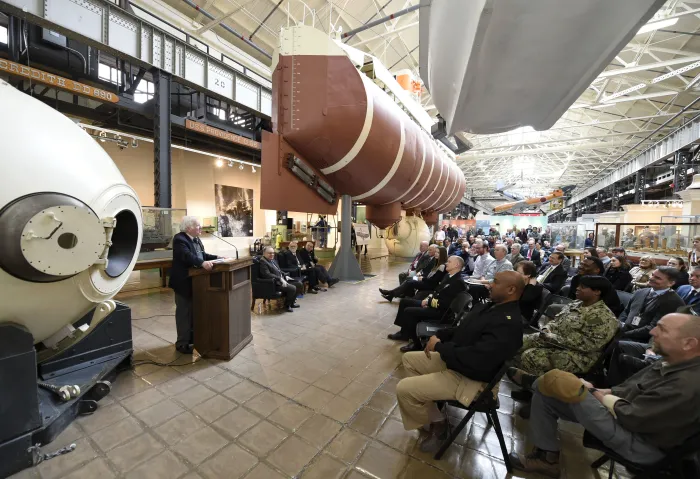 Retired U.S. Navy Capt. Don Walsh speaks in 2020 on 60th anniversary of the Trieste dive. The celebration was held at the National Museum of the U.S. Navy in Washington, D.C.  Photo by Bobby Cummings, Office of Naval Research
