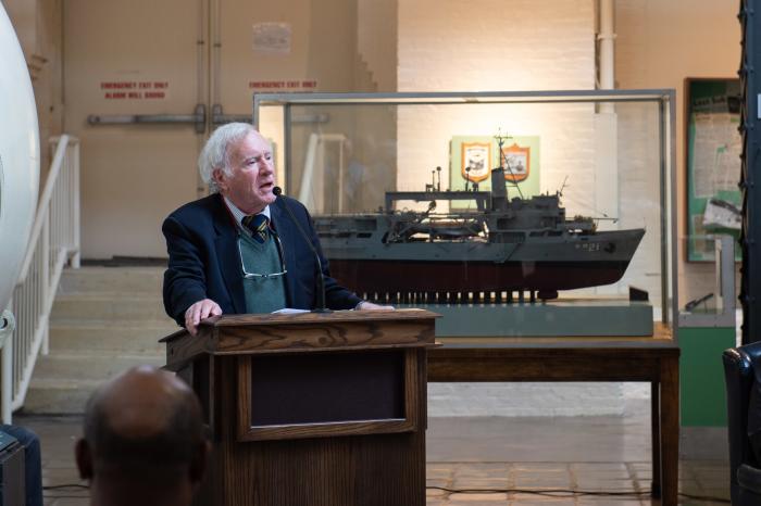 Retired Capt. Don Walsh, Ph.D., who commanded the U.S. Navy’s bathyscaphe Trieste, discusses the dive to the deepest place on Earth, the Challenger Deep located at the southern end of the Mariana Trench, during a ceremony held at the National Museum of the United States Navy Jan. 23, 2020. .Photo by Petty Officer 3rd Class Randy L Adams