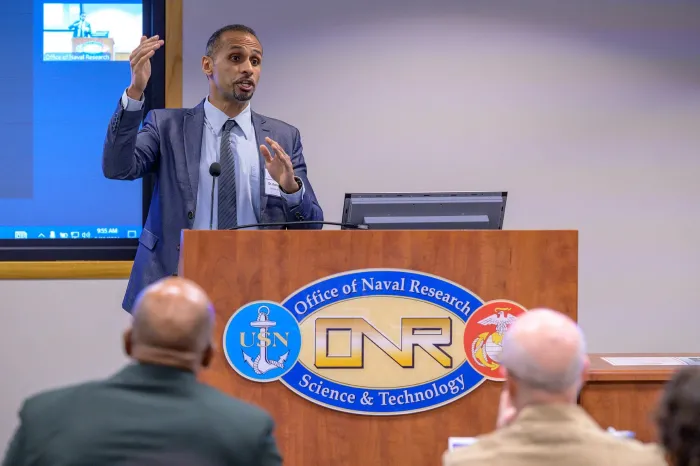 Dr. Kareem Ahmed, a professor at the University of Central Florida, speaks during the DoN HBCU/MI Program’s Distinguished Fellows Symposium, held at the Office of Naval Research, in Arlington, Virginia. (U.S. Navy photo by Michael Walls)