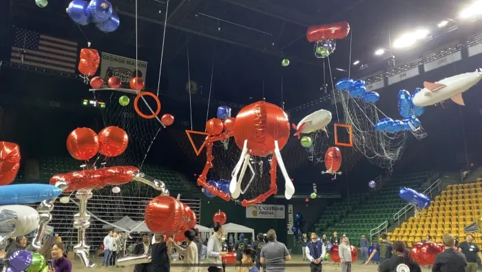Participants compete in the Defend the Republic competition, an ONR-sponsored STEM contest featuring lighter-than-air vehicles, also called blimps. (Photo courtesy of Dr. Ningshi Yao/George Mason University)