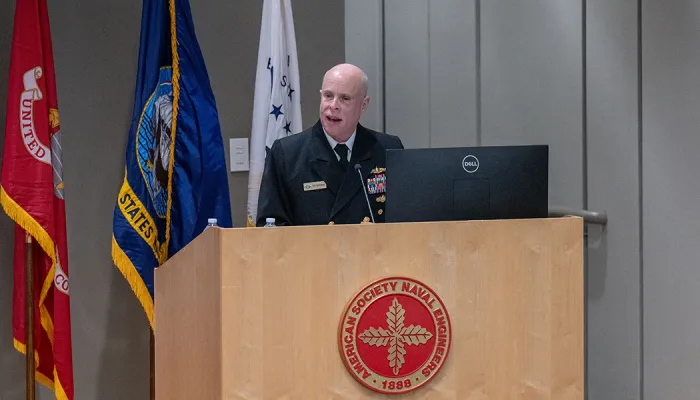Chief of Naval Research Rear Adm. Kurt Rothenhaus addresses attendees at the 2024 Naval Science and Technology (S&T)/Combat Systems/Technology, Systems and Ships Symposium in Arlington, Virginia. (U.S. Navy photo by Michael Walls)