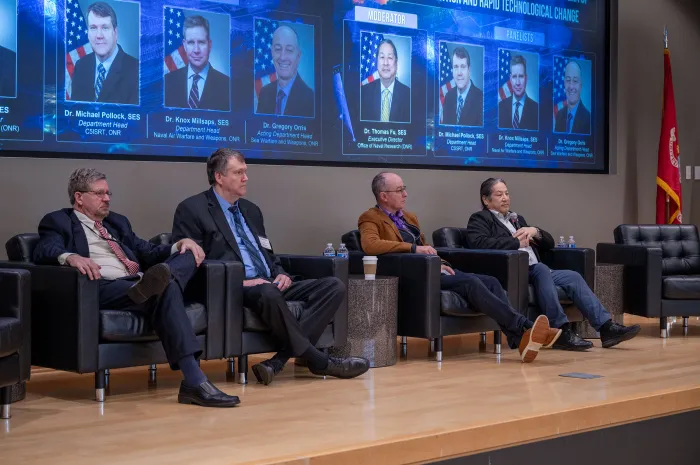 From left to right: Dr. Knox Millsaps, department head, ONR Naval Air Warfare and Weapons; Dr. Michael Pollock, department head, ONR C5ISRT; Dr. Greg Orris, Naval Engineering Focus Area lead, ONR Sea Warfare and Weapons; and Dr. Thomas Fu, ONR executive director, participate in an S&T panel during the 2024 Naval Science and Technology (S&T)/Combat Systems/Technology, Systems and Ships Symposium in Arlington, Virginia. (U.S. Navy photo by Michael Walls)