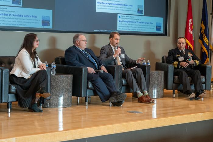 From left to right: Dr. Jennifer Wolk, acting department head, ONR Sea Warfare and Weapons; Neil Graf, program lead, ONR ManTech; Ben Bouffard, deputy director, Naval Sea Systems Command’s Technology Office; and Capt. Steven Tarr III, military deputy, ONR’s Sea Warfare and Weapons Department, participate in an S&T panel during the 2024 Naval Science and Technology (S&T)/Combat Systems/Technology, Systems and Ships Symposium in Arlington, Virginia. (U.S. Navy photo by Michael Walls)