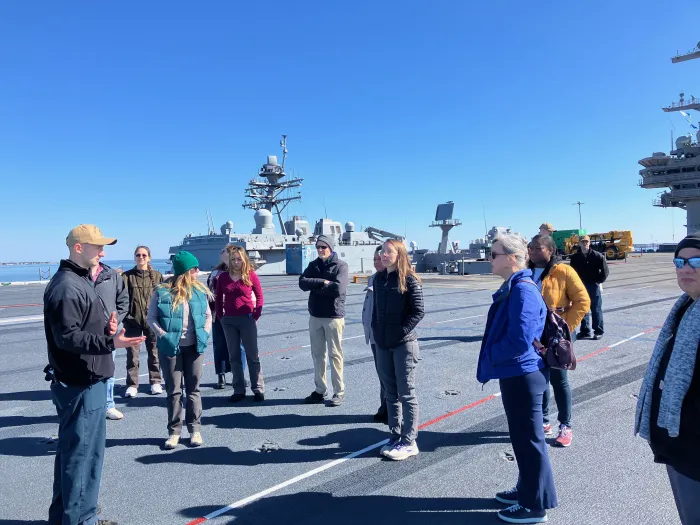 A group of 12 scientists, engineers, oceanographers and mathematicians received a tour aboard U.S.S. George H.W. Bush (CVN 77) in Norfolk, Virginia, as part of the Office of Naval Research Global’s Scientist-to-Sea initiative. S2S provides an opportunity for stakeholders to gain an in-depth understanding of the naval operations. (U.S. Navy photo by Cmdr. Jeff Parks)