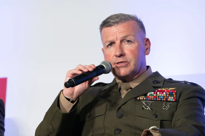 Vice Chief of Naval Research Brig. Gen. Simon Doran gives remarks during the "Requirements, Experimentation and Acquisitions" panel at Modern Day Marine at the Walter E. Washington Convention Center, Washington, D.C., April 30, 2025. (U.S. Marine Corps photo by Lance Cpl. Steven Wells)