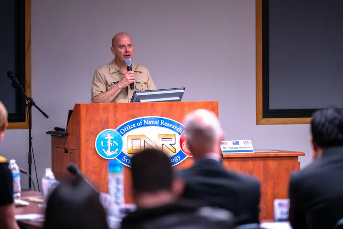 Acting Chief of Naval Operations Adm. James Kilby spoke to leaders from the Royal Australian Navy, the British Royal Navy and the U.S. Navy to discuss the long-standing partnership between the three navies and the continued integration and interoperability of their forces, at the inaugural tri-lateral Naval Capabilities and Science and Technology Talks, April 3, 2025. (U.S. Navy photo by Michael Walls)