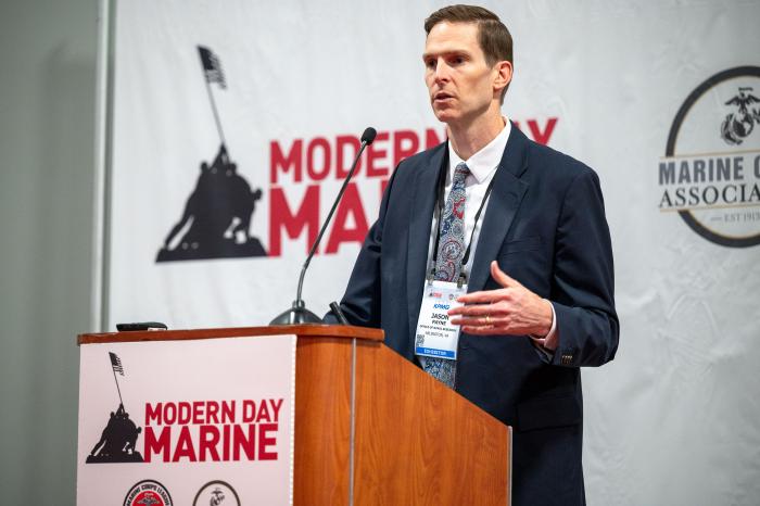 Jason Payne, Office of Naval Research (ONR) Global TechSolutions director, speaks at Modern Day Marine in Washington D.C., April 29, 2025. TechSolutions is an ONR GLOBAL rapid-response science  and technology program focused on producing near-term, low-cost  prototype solutions to problems submitted by Sailors and Marines. (U.S. Navy photo by Michael Walls)