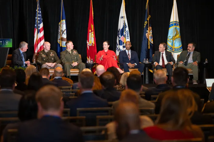 Chief of Naval Research Dr. Rachel Riley (center) and Vice Chief of Naval Research Brig. Gen. Dustin J. Byrum (third from left) participated in a Sea-Air-Space 2026 panel titled “From Concept to Capability: Aligning Autonomy Across our Maritime Forces.” (U.S. Navy photo by Michael Walls)
