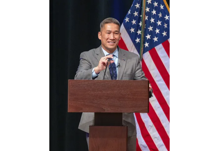 Acting Secretary of the Navy Hung Cao gives remarks.
