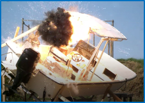A boat in flames.