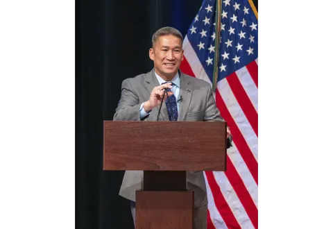 Acting Secretary of the Navy Hung Cao gives remarks.