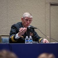 Chief of Naval Research (CNR) Rear Adm. Lorin C. Selby addresses attendees at the Future of Naval Innovation panel during the Navy League’s Sea-Air-Space Exposition.