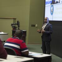 170202-N-PO203-073 BATON ROUGE, La. (Feb. 2, 2017) Dr. Reginald Williams, program manager at the Office of Naval Research, talks about the Young Investigator Research Program (YIP) during a Department of the Navy (DoN) Historically Black Colleges and Universities and Minority Institution (HBCU/MI) program visit to Southern University and A&M College. The YIP seeks to attract outstanding faculty members in their first or second full-time tenure-track appointment who show exceptional promise for doing creativ