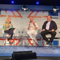 Mary Louise Kelly, co-host of NPR’s All Things Considered; Rear Adm. Lorin Selby, chief of naval research; and Reid Hoffman, co-founder of LinkedIn and currently a partner in the venture capital firm Greylock Partners, discuss military innovation at the Aspen Security Forum in Colorado on July 20, 2022. (U.S. Navy photo by Lt. Matt Metzdorff)
