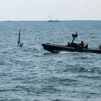 Vessels participate in an ONR SCOUT-sponsored experimentation event off the coast of Virginia Beach, Virginia. The purpose of the event was to increase the range and detection of various unmanned surface vessels. (Photo: ONR SCOUT team)
