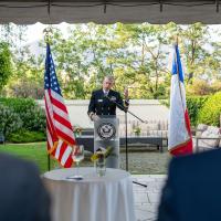 Chief of Naval Research Rear Adm. Lorin Selby (center) speaks at a special commemorative event at the official residence of U.S. Ambassador to Chile Bernadette Meehan (right). The event celebrated the 20th anniversary of the Office of Naval Research (ONR) Global’s office in Santiago, Chile. ONR Global is ONR’s international arm. (U.S. Navy photo by Michael Walls)