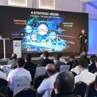Chief of Naval Research Rear Adm. Lorin Selby gives a keynote address during the recent ExpoNaval 2022 in Valparaiso, Chile. Selby spoke about the importance of increasing and strengthening collaboration with the Chilean navy and scientific community. (U.S. Navy photo by Michael Walls)