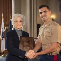 Retired Vice Adm. Ann E. Rondeau, Naval Postgraduate School (NPS) president, presents Marine Corps Capt. Joseph J. Kelly Jr. (right) with a Chief of Naval Research (CNR) Award for Excellence in Intelligent Autonomous Systems. The award honors NPS students performing outstanding academic work related to autonomous systems. (Photo: Naval Postgraduate School)