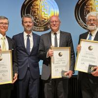 Two ONR-sponsored performers, Dr. Terrence Sejnowski (left) and Dr. Haim Sompolinsky (right), received the 2024 Brain Prize during a ceremony in Copenhagen, Denmark. Standing with them are His Royal Highness King Frederik X of Denmark (center left) and another Brain Prize winner, Dr. Larry Abbott (center right). (Photo courtesy of Dr. Terrence Sejnowski)