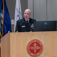 Chief of Naval Research Rear Adm. Kurt Rothenhaus addresses attendees at the 2024 Naval Science and Technology (S&T)/Combat Systems/Technology, Systems and Ships Symposium in Arlington, Virginia. (U.S. Navy photo by Michael Walls)