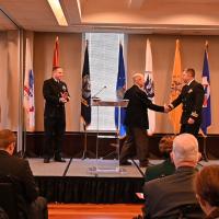 Lt. Cmdr. Richard D. Harvey (right) receives his Junior Officer of the Year award from the Reserve Organization of America for his service at the Office of Naval Research. (Photo courtesy of Lt. Cmdr. Richard D. Harvey)