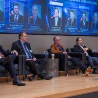 From left to right: Dr. Knox Millsaps, department head, ONR Naval Air Warfare and Weapons; Dr. Michael Pollock, department head, ONR C5ISRT; Dr. Greg Orris, Naval Engineering Focus Area lead, ONR Sea Warfare and Weapons; and Dr. Thomas Fu, ONR executive director, participate in an S&T panel during the 2024 Naval Science and Technology (S&T)/Combat Systems/Technology, Systems and Ships Symposium in Arlington, Virginia. (U.S. Navy photo by Michael Walls)
