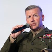 Vice Chief of Naval Research Brig. Gen. Simon Doran gives remarks during the "Requirements, Experimentation and Acquisitions" panel at Modern Day Marine at the Walter E. Washington Convention Center, Washington, D.C., April 30, 2025. (U.S. Marine Corps photo by Lance Cpl. Steven Wells)