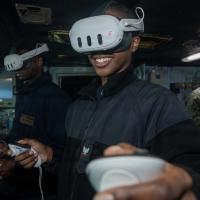 U.S. Navy Quartermaster 3rd Class Zinnia Bank participates in a virtual navigation demonstration using the ONR Global TechSolutions-sponsored Virtual Bridge and Nautical Trainer (VIBRaNT), held in the pilot house of the Nimitz-class aircraft carrier USS Theodore Roosevelt (CVN 71). (U.S. Navy photo by Mass Communication Specialist Seaman Alexia Mezick)