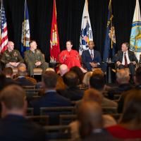 Chief of Naval Research Dr. Rachel Riley (center) and Vice Chief of Naval Research Brig. Gen. Dustin J. Byrum (third from left) participated in a Sea-Air-Space 2026 panel titled “From Concept to Capability: Aligning Autonomy Across our Maritime Forces.” (U.S. Navy photo by Michael Walls)