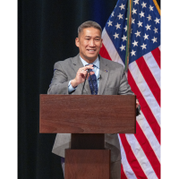 Acting Secretary of the Navy Hung Cao gives remarks.