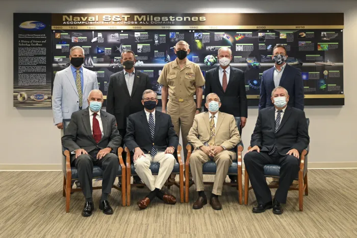 August 9, 2021 ARLINGTON, Va.— In honor of the Office of Naval Research’s 75th anniversary, Chief of Naval Research (CNR) Rear Adm. Lorin C. Selby invited prior CNRs to participate in the weekly Naval Research Enterprise webcast in Arlington, Virginia. Eight prior CNRs joined Selby. (From left to right: back row—Rear Adm. (ret.) Matthew L. Klunder; Vice Adm. (ret.) Mathias W. Winter; Rear Adm. Lorin C. Selby; Rear Adm. (ret.) Nevin P. Carr Jr.; and Rear Adm. (ret.) David J. Hahn. Front Row—Rear Adm. (ret.) 