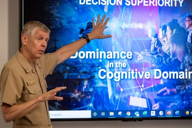 Chief of Naval Research Rear Adm. Lorin Selby discusses naval power during an Aug. 23 Special Topic Breakfast hosted by the Navy League of the United States. The Navy League hosts eight Special Topic Breakfasts a year. These events feature prominent guest speakers from the government, military and defense industry, who discuss diverse topics of naval relevance. (U.S. Navy photo by Eric Anderson)